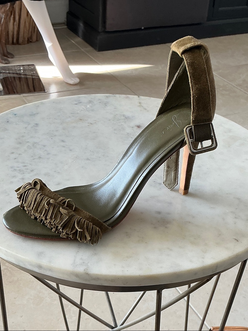 Joie Olive Suede Fringe Ankle-Strap Heel